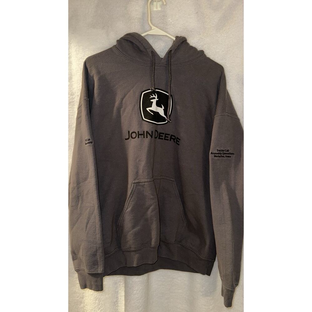 John Deere Mens Large Gray Hoodie Tractor Cab Waterloo Iowa Gildan - custom RARE